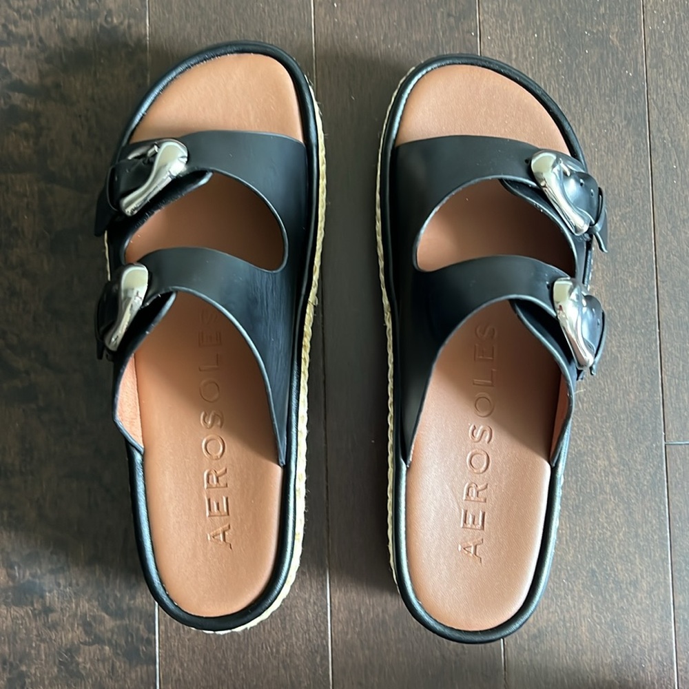 AEROSOLES Darcy Wedge Black Platform Espadrille Sandals Sz 8.5 LIKE NEW - Picture 3 of 11